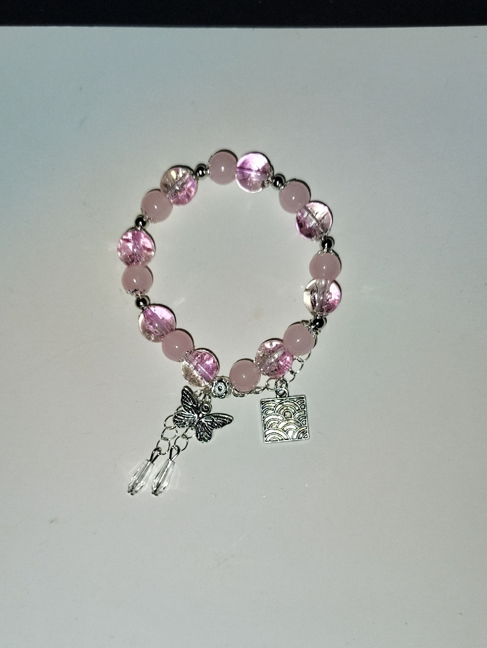 Pink Beaded Butterfly Charm Bracelet
